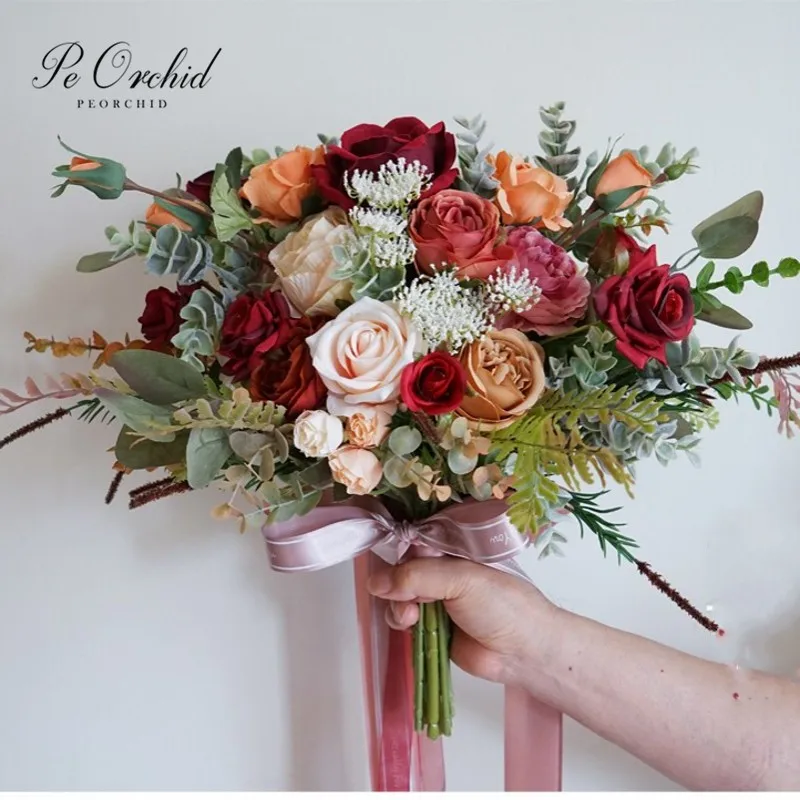 

Свадебный букет пеорхидея бордового, кофейного цвета, Шелковый букет для невесты, букет из искусственных цветов на осень