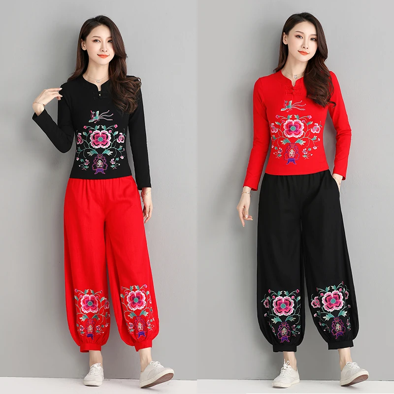 Женские винтажные шаровары с цветочной вышивкой брюки эластичной талией