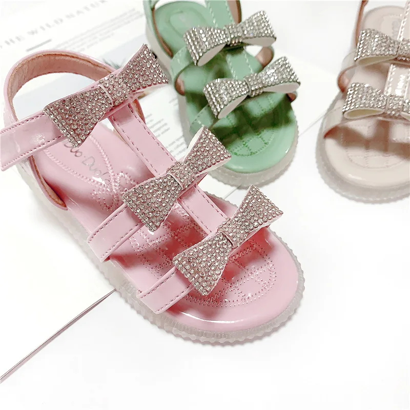 

Bowtie Sandals Girl High Quality Soft Sole Slip On Rhinestone Princess Shoes Dress up Pretty Summer 2021 Pink Green Khaki