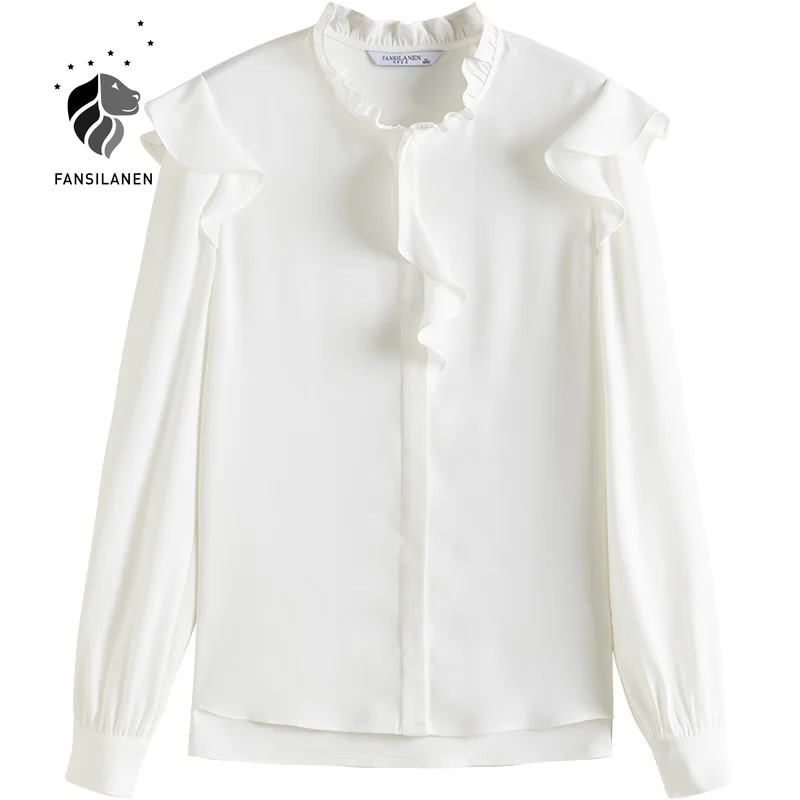 

FANSILANEN Spring summer ruffle white blouse shirt Women vintage button up shirt Female long sleeve elegant office ladies tops