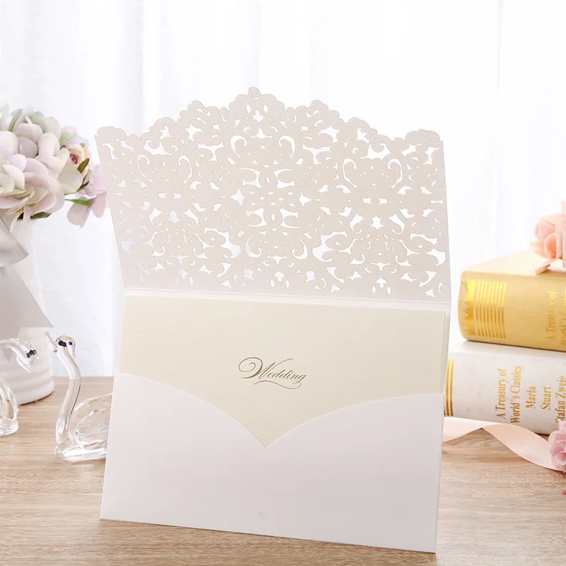 white 1 Cover insert 10 шт. золотой, красный, белый лазерный разрез роскошный Флора свадебные приглашения карты Элегантный принт конверты Свадебные украшения - Цвет: white 1 Cover insert