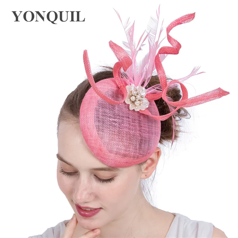 

Ladies Fascinators Millinery Pearl Racing Season Hats Pink Sinamay Wedding Hat For Cocktail Party Event Occasion High Quality