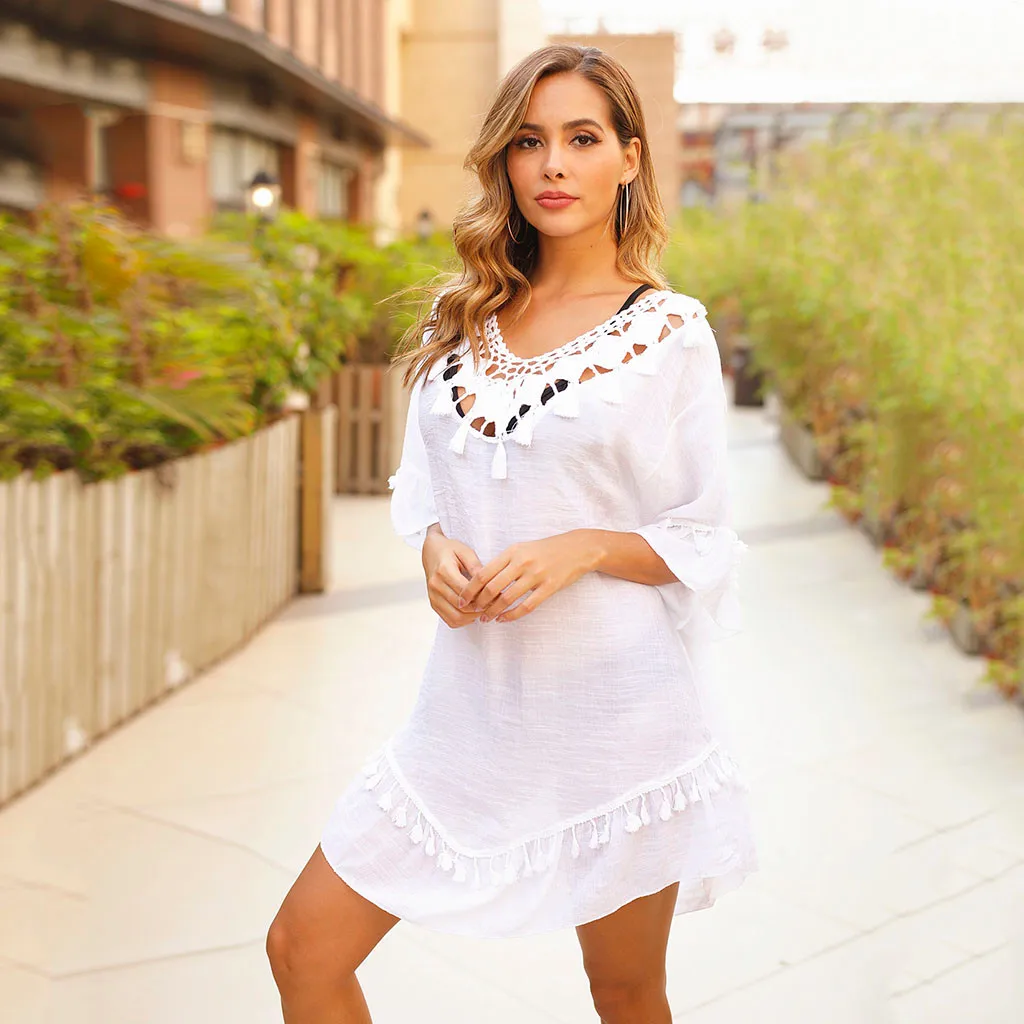 

2021 Sexy Tassels Beach Cover Up Swimsuit White Beach Lace Dress Women Bikini Bathing Suit Summer Beach Wear Swimwear Pullover