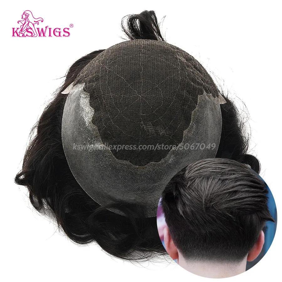 

Парик K.S мужской парик Швейцарский парик на шнурках спереди поли на шнурке отбеленный с узлом натуральный парик Прочный парик Remy системы за...