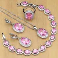 luxury silver 925 jewelry pink cubic zirconia costume jewelry sets for women earrings with stones ring bracelet necklace set