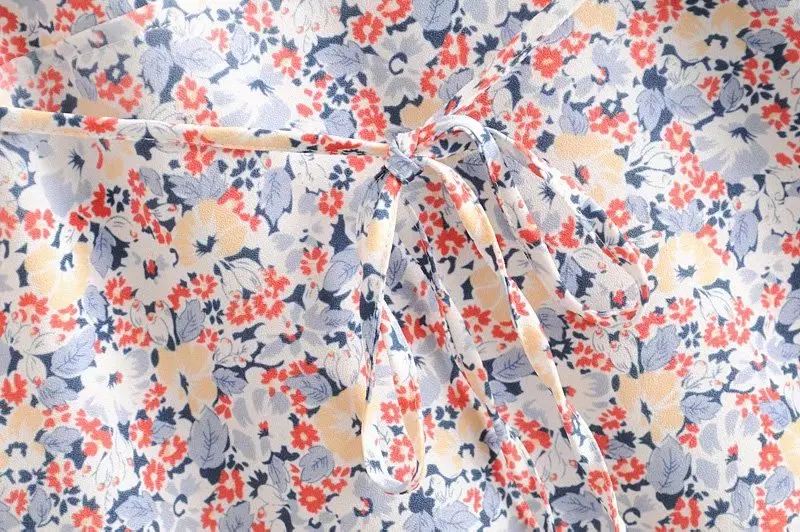 Bazaleas Vintage V Neck Wraywomen midi dress France colorful Floral Print women Fashion sashes short sleeve vestido | Женская одежда