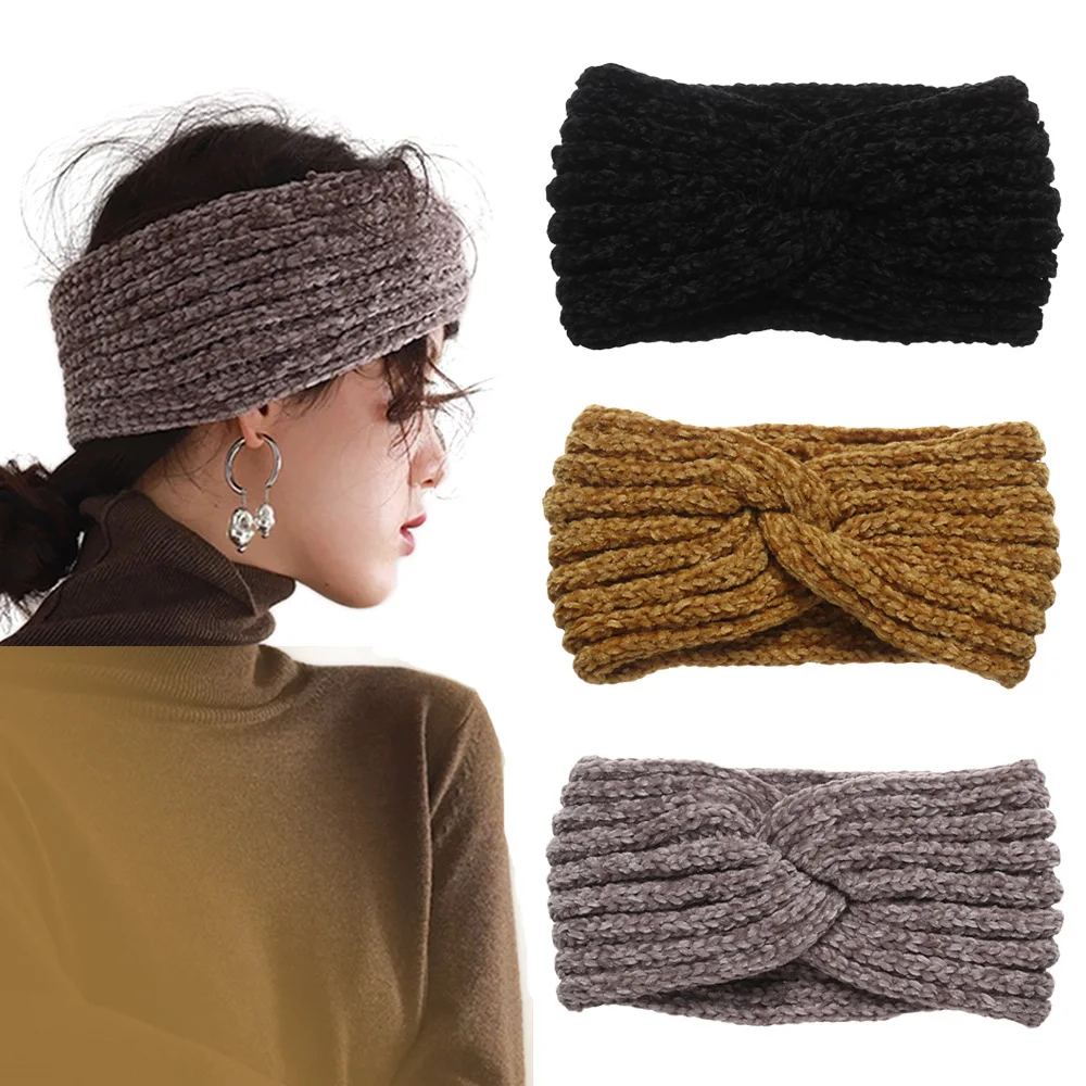 Женский широкий обруч для волос плотный теплый мягкий эластичный вязаный ярких