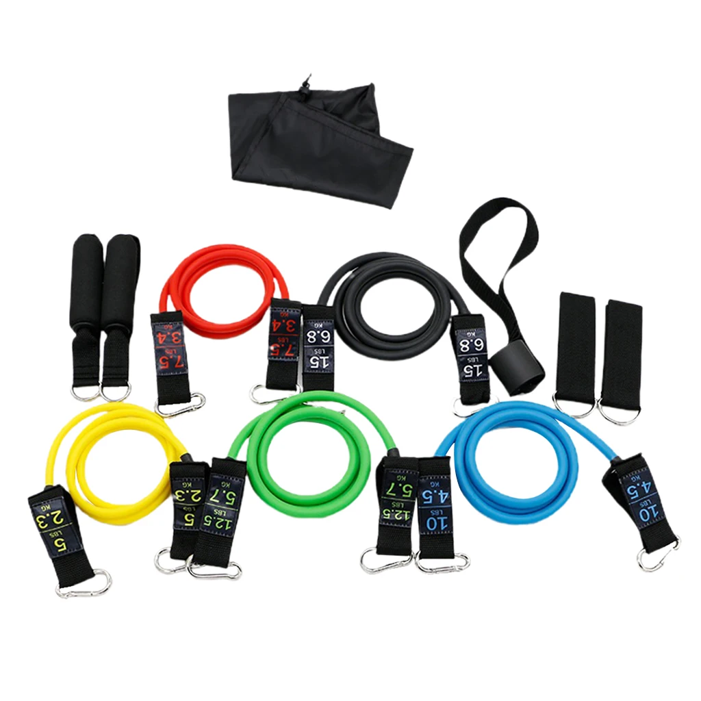 

11x Resistance Band Set & Foam Handles and Accs Yoga Gym 120cm