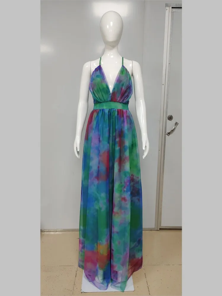 

Color Block V-Neck Women Maxi Dress To Floor Long Beach Robe Plus Size African Party Holiday Summer Dresses Sexy Backless 2021