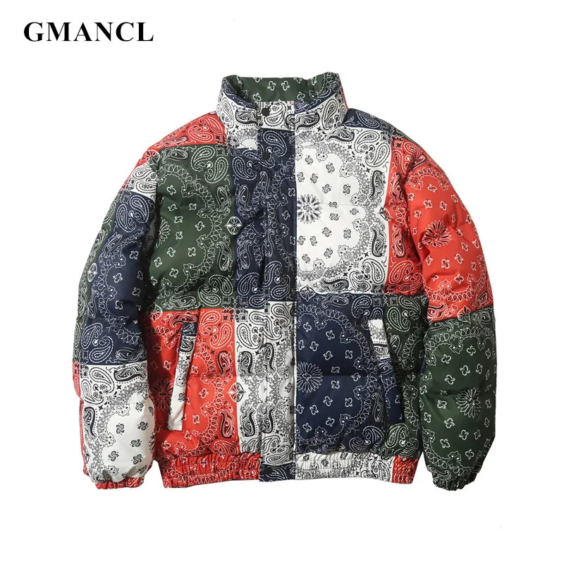 Зимняя утепленная куртка в стиле хип хоп с винтажным рисунком пэчворк