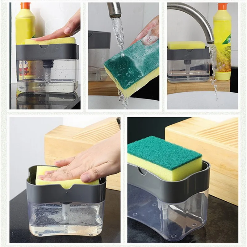 

Soap Pump Dispenser With Sponge Holder 2-in-1 Liquid Dispenser Container Hand Press Soap Organizer Kitchen Cleaner Tools