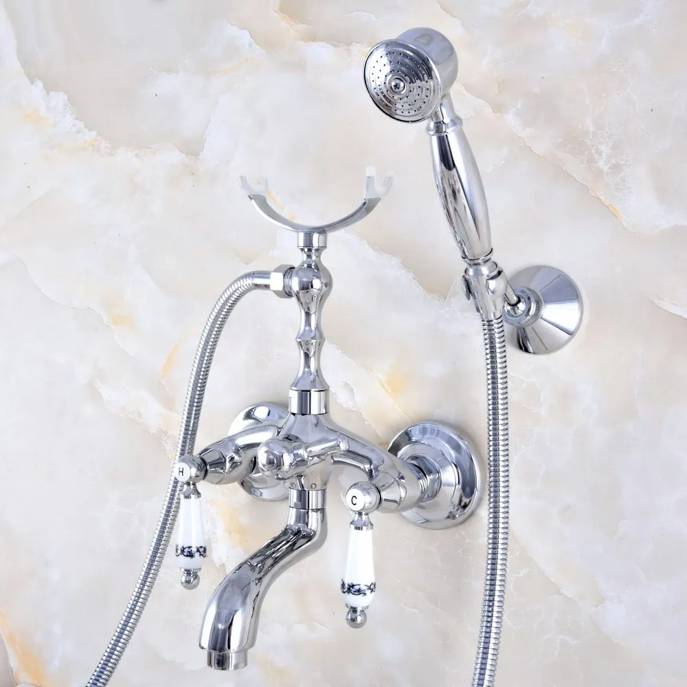 

Chrome Brass Telephone Style Bathtub Faucet Wall Mounted Bath & Shower Mixer Taps Handheld Shower Set Lna752