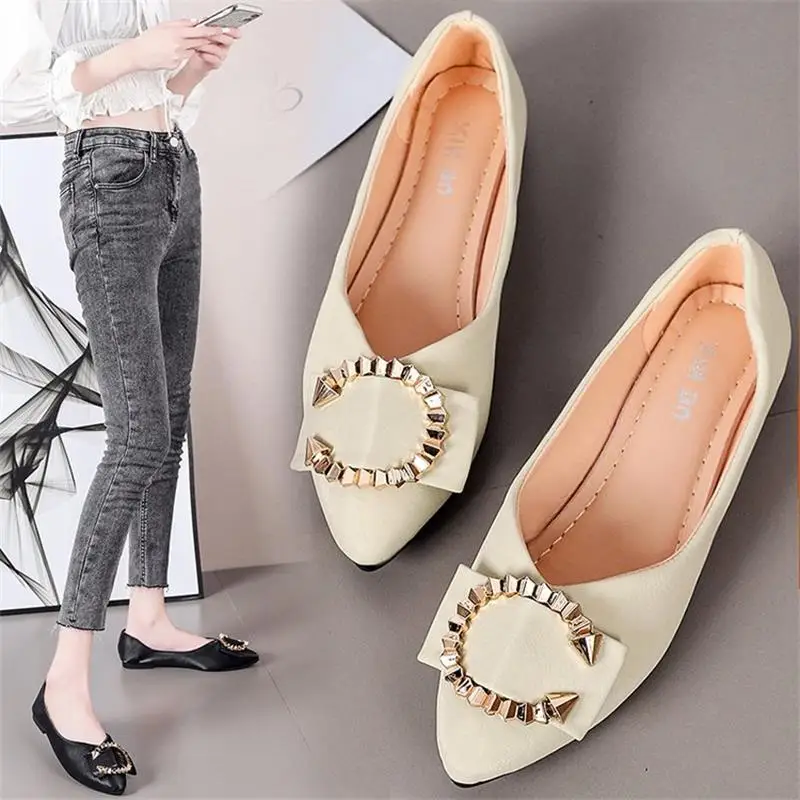 

2021 Women's Shoes Fashion Comfortable Trend Casual Daily Solid Color PU Pointed Toe Golden Ring Shallow Mouth Flat Shoes