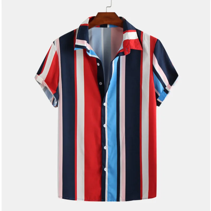 

2021 New Shirt Mens Casual Colorblock Vertical Stripes Print Button Up Shirt Fashion Beach Blouse Tops Hawaiian Shirts