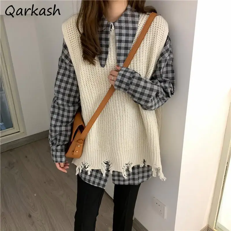 

Sweater Vests Women Design Tassel Loose O-neck Spring Autumn Clothing All-match Simple Solid Color Girls Students Street Holiday