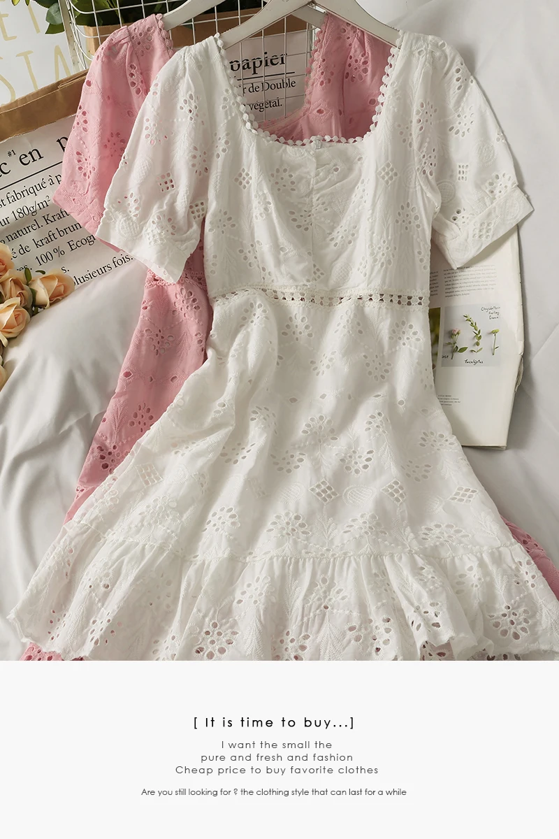 

2021 New Sweet Hollow Crochet High Waist Dress Female Summer Square Collar Exposed Clavicle Ruffled A-line Dress
