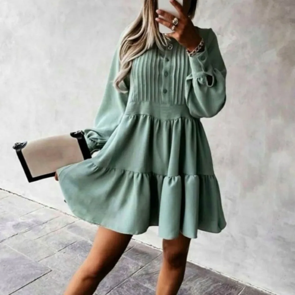 

Pleated Shirt Skirts Women French Fashion Draped Mini Dress Casual Lantern Sleeve O-Neck A-Line Elegant Sweet Office Lady Dress