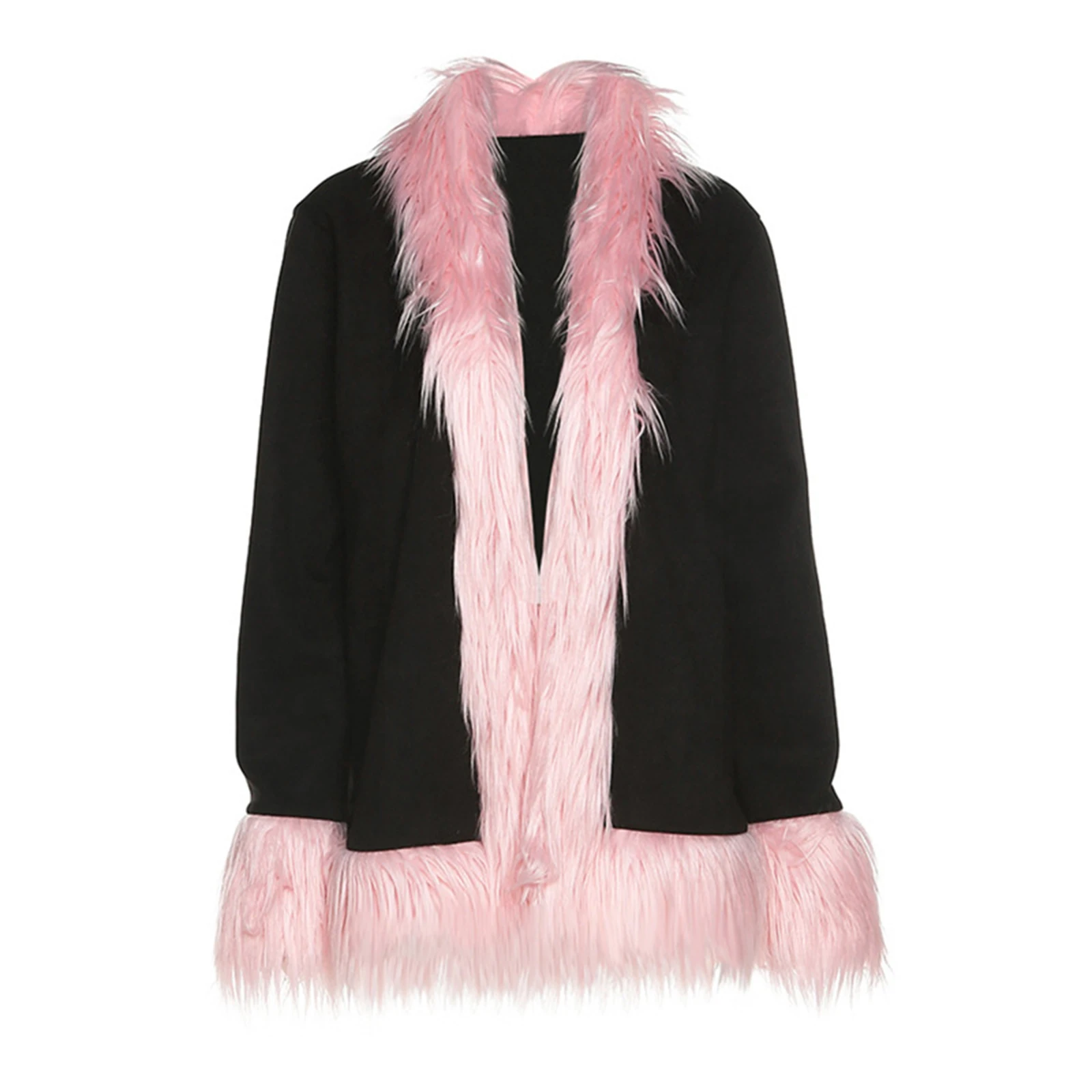 

Women\u2019s Fashion Coats Faux Fur Collar Cuff Patchwork Open Front Fall Winter Warm Outerwear