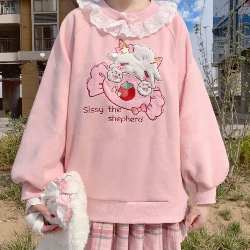 

2020 Autumn New Women Lace Neck Cute Hoodies Harajuku Kawaii Sweatshirt Women Pink Pullover Lamb And Candy Embroidery