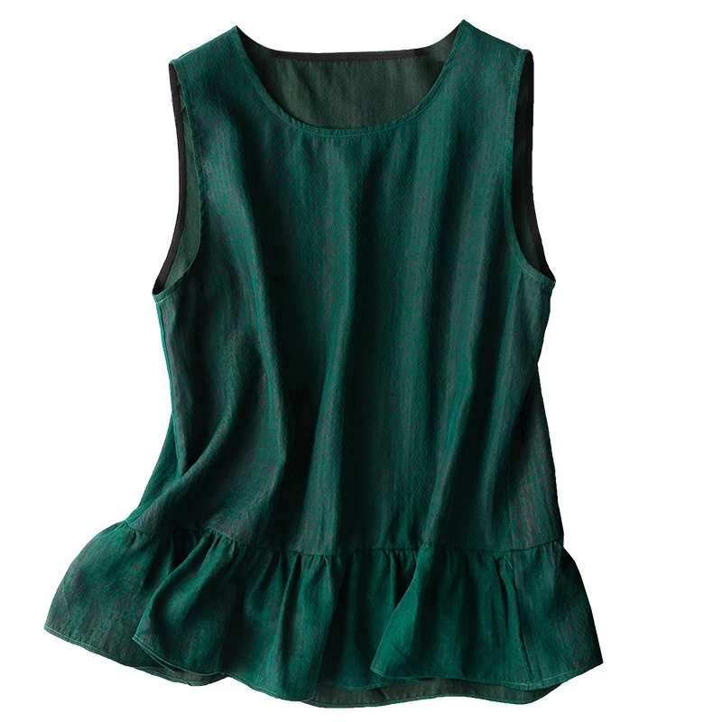 

Women's 100% Silk T-shirt new style loose type Top Blouse Round Neck Vest Jacquard green fashion waistcoat shirt L1095