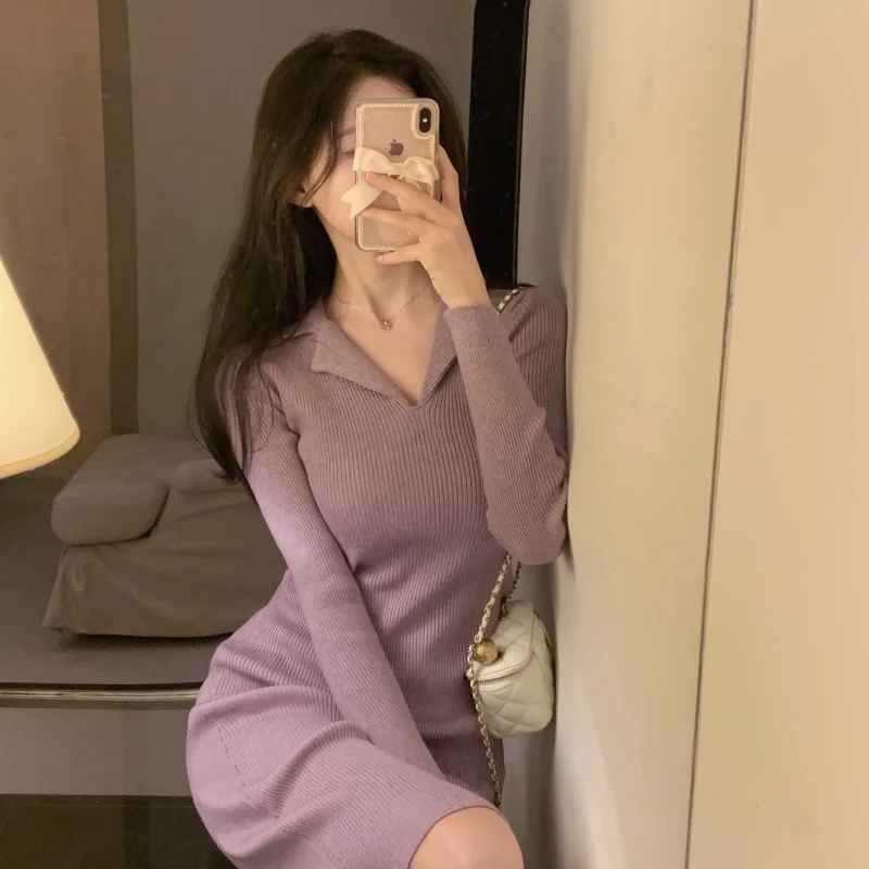 

Polo Collar Knitted Dress For Women Autumn Midi Vintage Dresses
