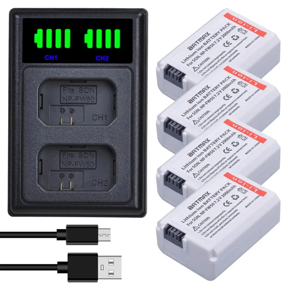 Bamtax NP FW50 NPFW50 Белый батарея + светодиодным дисплеем и двойным портом USB Зарядное