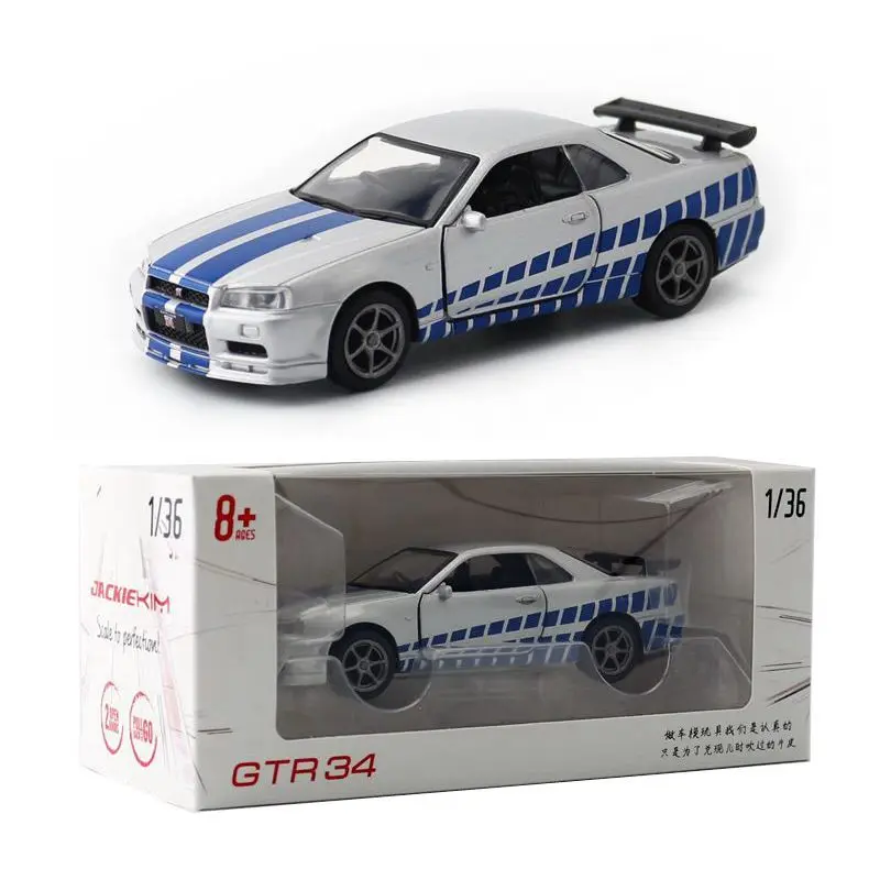 JACKIEKIM Toy Diecast Model 1:36 Scale Japan Nissan GTR 34 Skyline Pull Back Car Doors Openable Educational Collection Gift Box