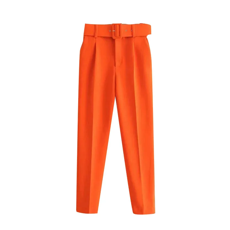 

Female Ankle Trousers Mujer Women Fashion with Belt Side Pockets Office Wear Pants Vintage High Waist Zipper Fly