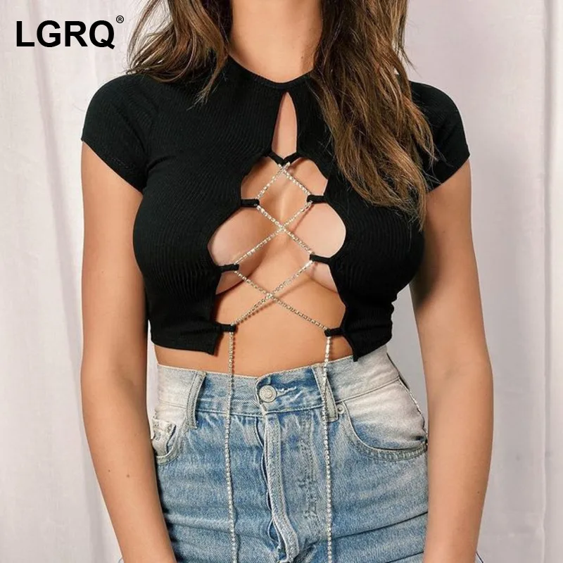 

[LGRQ] Women Black Hollow Out Diamonds Sexy Slim T-shirt New Round Neck Short Sleeve Fashion Tide Spring Summer 2021 19D953
