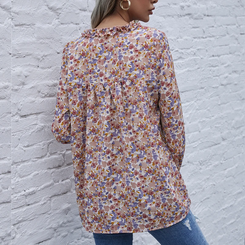 

Summer womens tops and blouse print shirts 2021 spring floral long sleeve lace blouse top womens Bohemian Ruffles V-Neck shirts