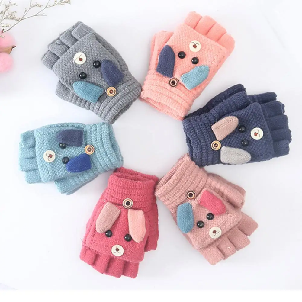 

New Cute Gloves Winter Warm Kids Boys Girls Cartoon Dog Flip Top Knit Half Finger Gloves Mittens Children Knitted Mitten
