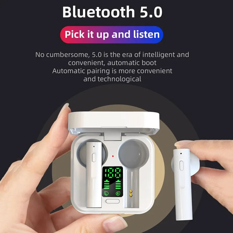 

TWS Bluetooth Headset LED Solar Charging Smart Digital Battery Display 5.0 Stereo Wireless Binaural Sports