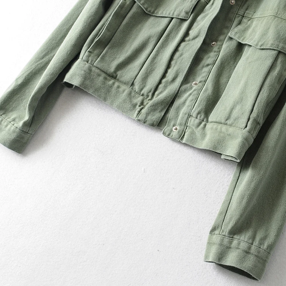 

Vintage Stylish Green Pockets Tooling Cropped Jacket Women Fashion Turn-down Collar Long Sleeve Coat Girls Chic Streetwear