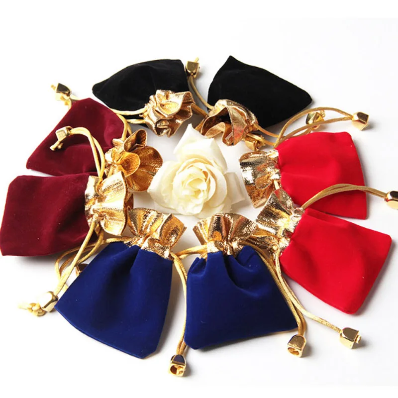 Blue Velvet Gift Bags with Gold Mouth Custom Logo Sack 9x12cm 12x16cm Eyelashes Makeup Jewelry Pouch