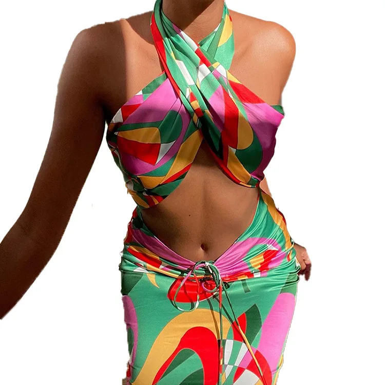 

2021 summer new style halter neck, various wear sexy lace-up skirt suit two-piece suit