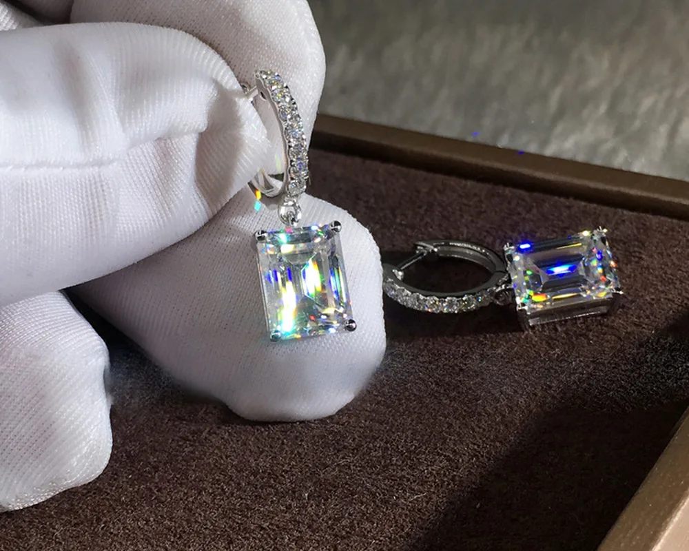 Женские прямоугольные серьги большие серебряные с цирконом и камнем милые