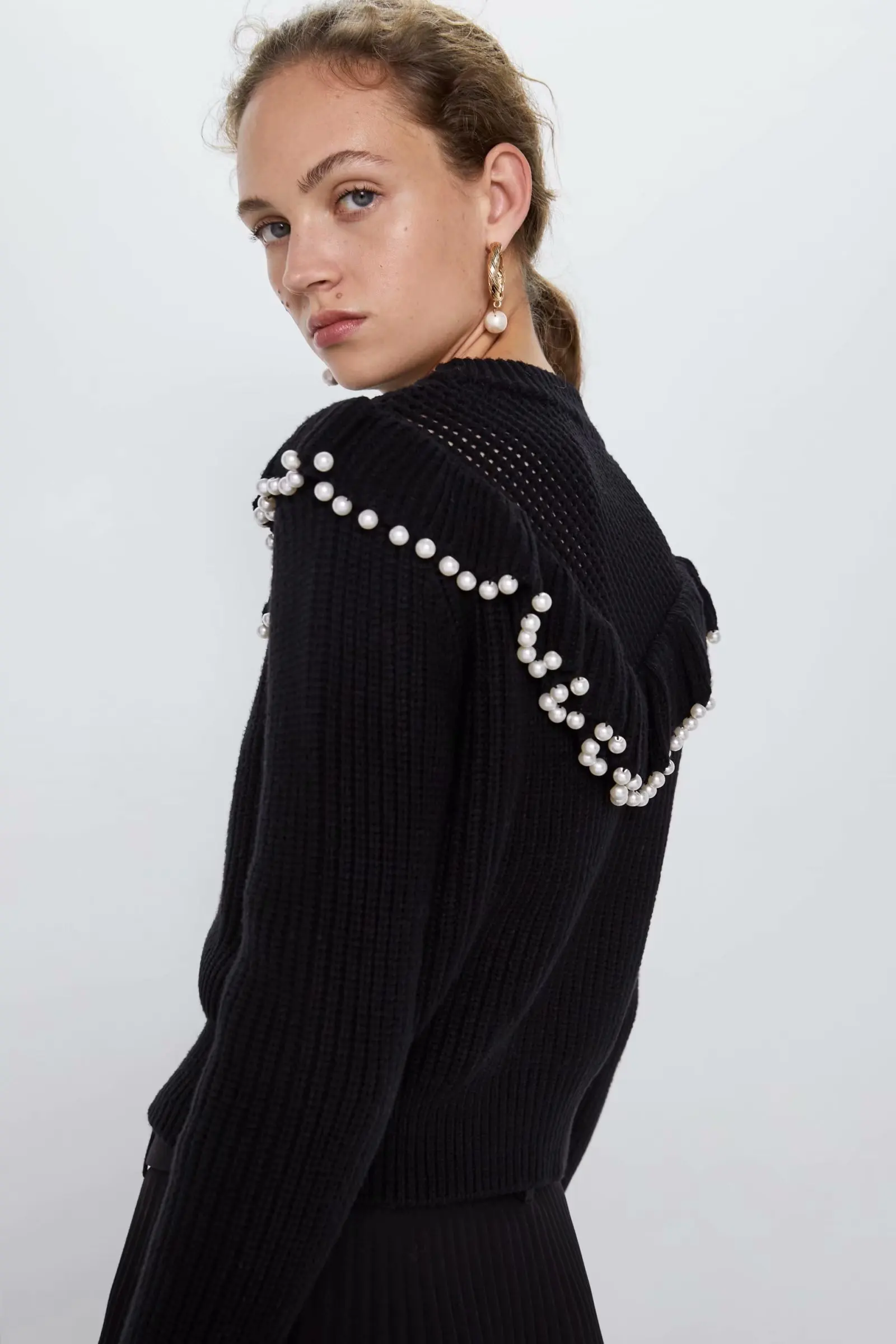 CFK женские зимние свитера с круглым вырезом Рюшами Длинный рукав бисером вязаные