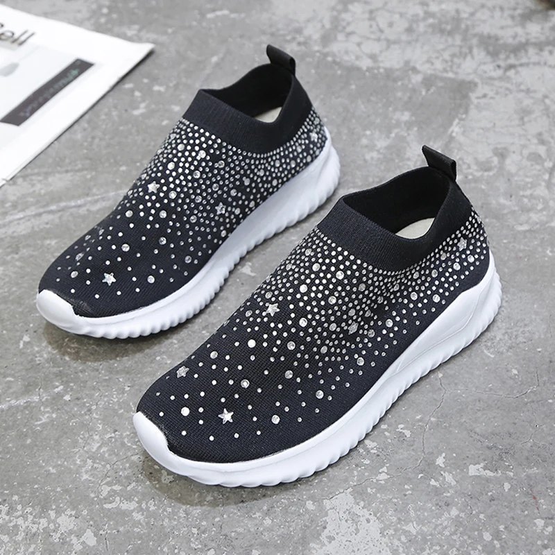 

Women's Ladies Ankle Shoes Flat Loafers Crystal Fashion Bling Sneakers Casual Ladies Slip On Breathable Casual Shoes