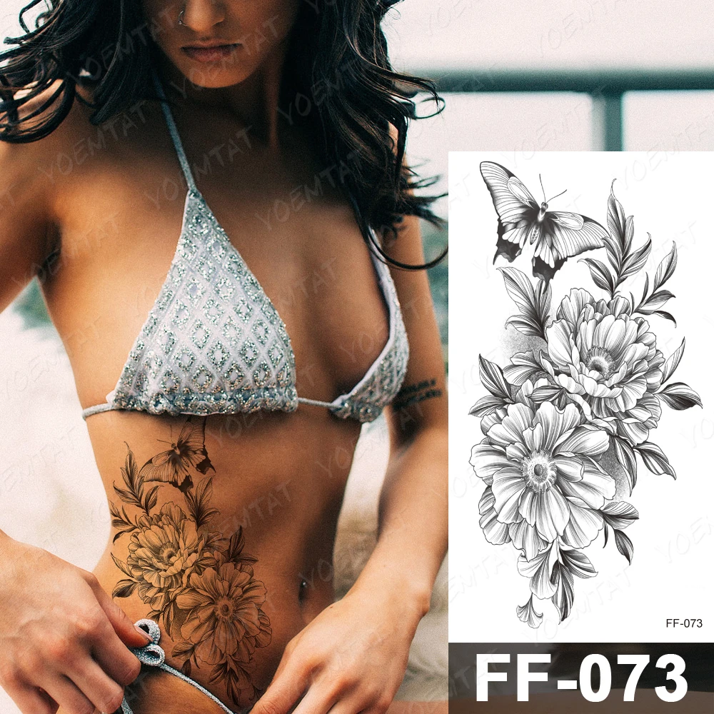 

Waterproof Temporary Tattoo Sticker Peony Flower Chrysanthemum Butterfly Flash Tattoos Female Line Waist Body Art Fake Tatto Men