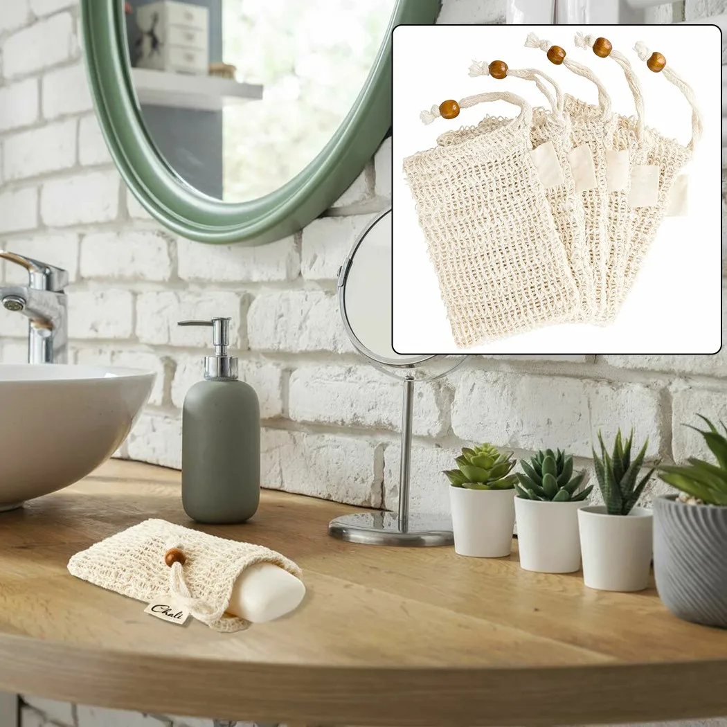 

5 Pack Soap Bags Drawstring Exfoliating Soap Holder Hollow-out Natural