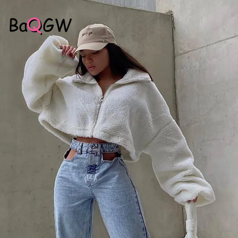 

BaQGW Teddy Coat Autum Winter Fashion Zipper Cropped Jacket for Women Casual Long Sleeve Oversized Turtleneck Warm Fur Coat