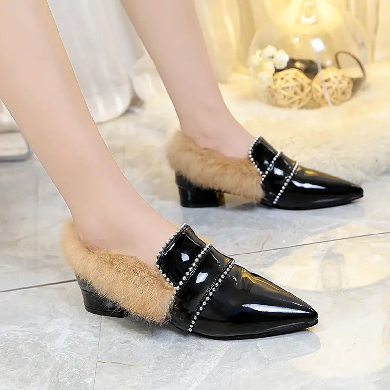Обувь с острым носком Женская зимняя обувь кроличьим мехом Модная из