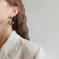 2022 new korean style luxury leaf green crystal long dangle earrings for women girls elegant vintage party jewelry gifts
