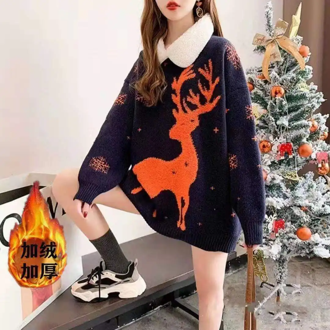 

Рождественский женский свитер, пуловер, свободная версия, Осень-зима 2021, новый плотный Пушистый свитер с воротником, внешний свитер