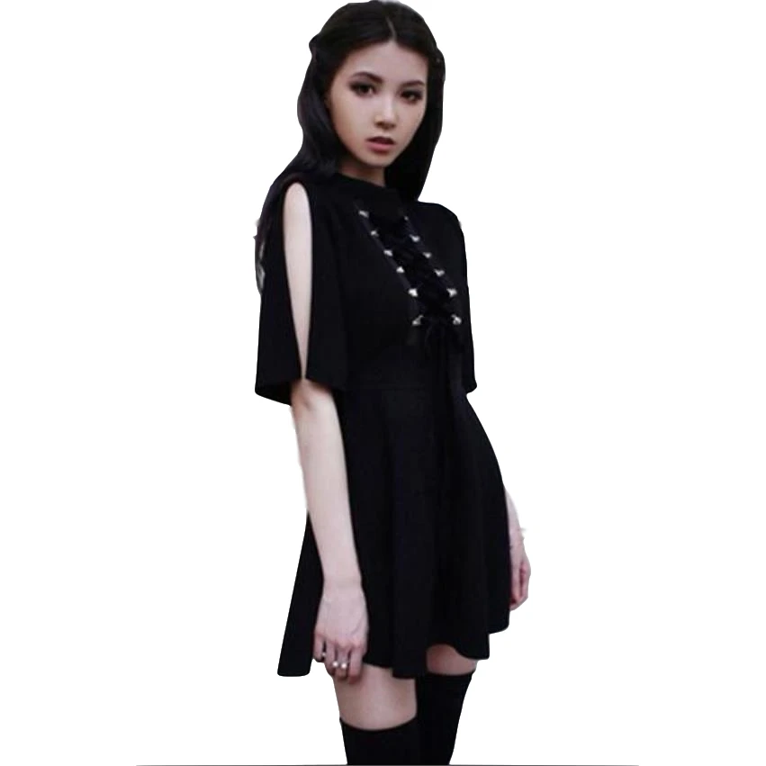 Украшенное лентой готическое женское черное платье Sukienki Панк Крест бретельки | Женские платья -4000151997943