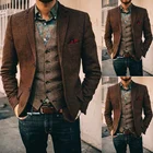Мужской винтажный костюм-двойка, коричневый пиджак с жилетом в елочку, на двух пуговицах, s-образный, 2020