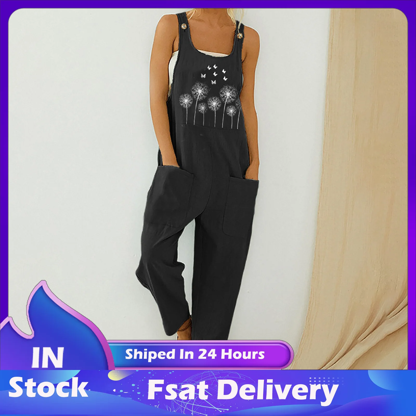 

40#Oversized Cotton Linen Jumpsuits Overalls Casual Boho Print Pocket Romper Long Playsuit Strap Button Jumpsuit Woman Summer
