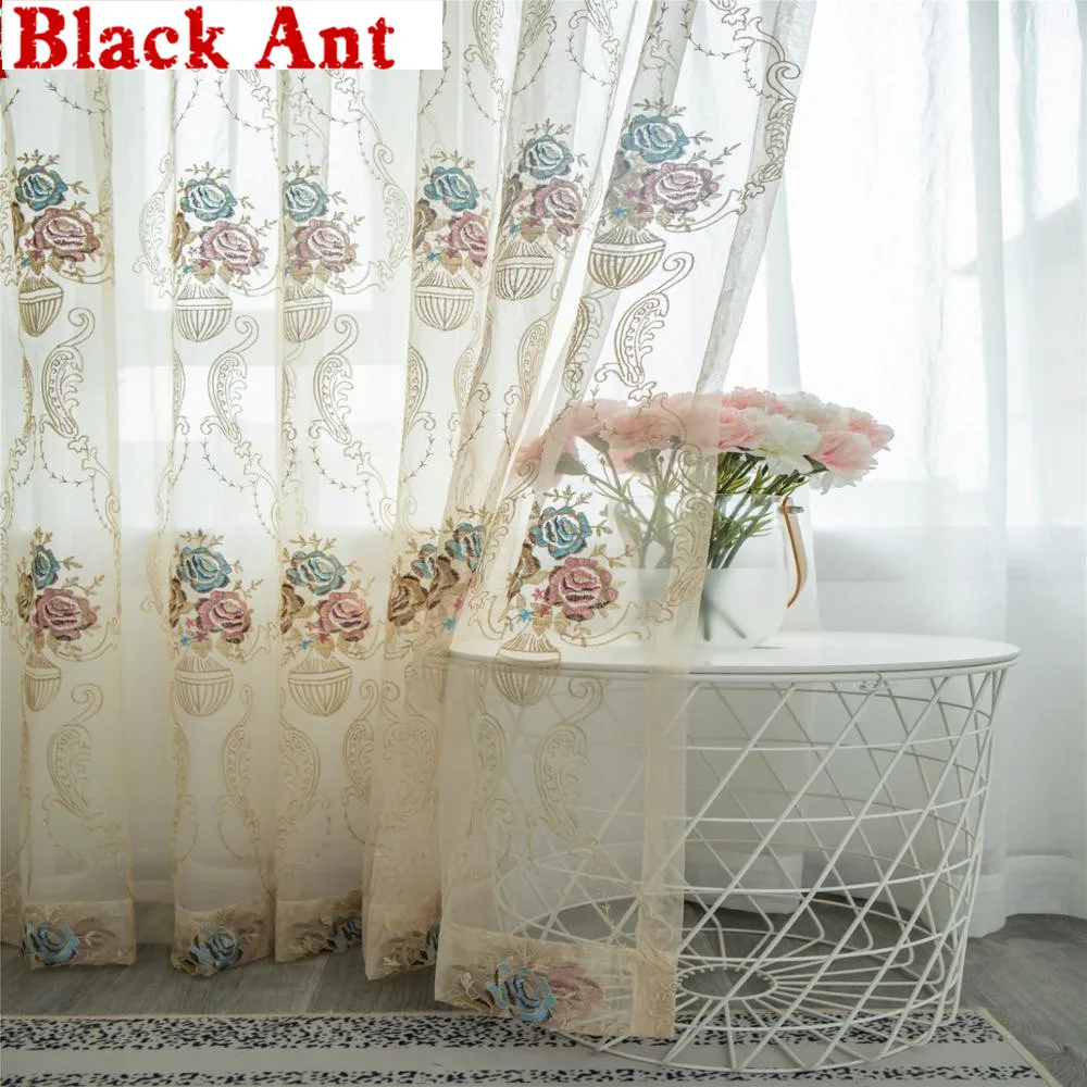 Вышитые цветы в европейском стиле вуаль бежевый тюль прозрачная для спальни