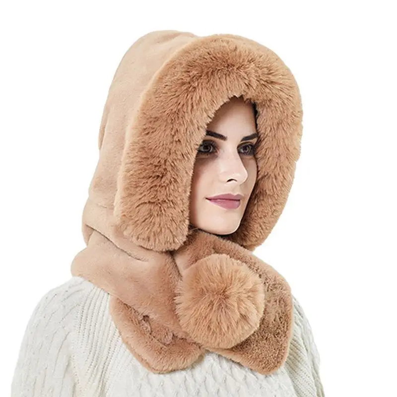 

Women 2 in 1 Winter Fluffy Hooded Scarf Cap Warm Plush Beanies Hat Earflap Pompom Neck Warmer