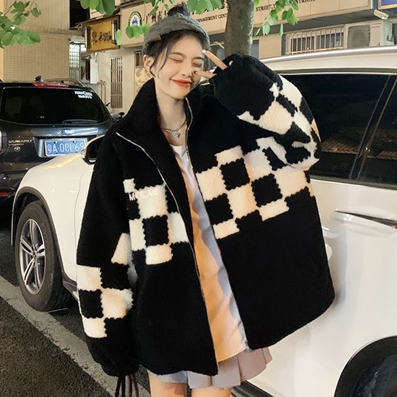 

2021 New Korean Fashion Commute Wild Stand Collar Plaid Print Zipper Design Loose Casual Thick Imitation Lamb Wool Coat Jacket